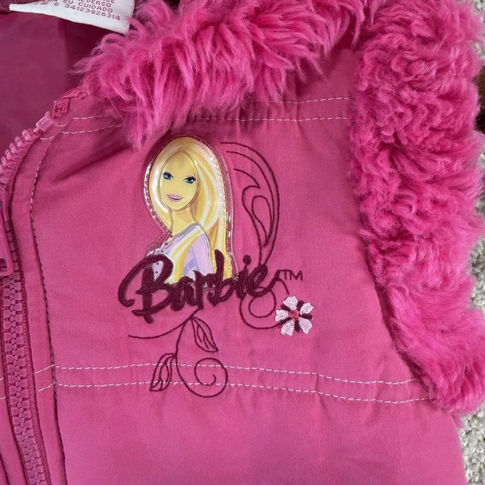 Y2K 2007 Barbie Puffer Vest Embroidered Logo Pink Faux Fur Lined Hood Sz 6 Girls